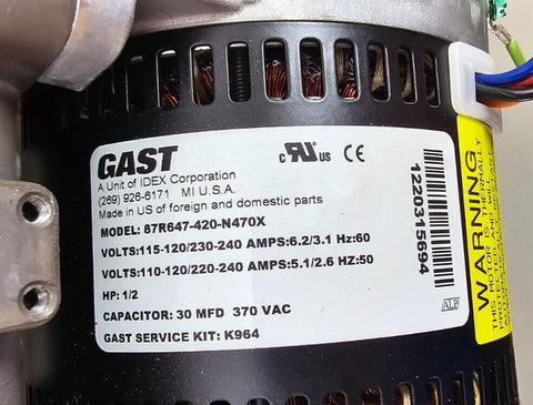 Gast 87R647 Rocking Dual Piston Air Compressor, Oil-Less, 1/2HP, 50PSI, NEW OEM