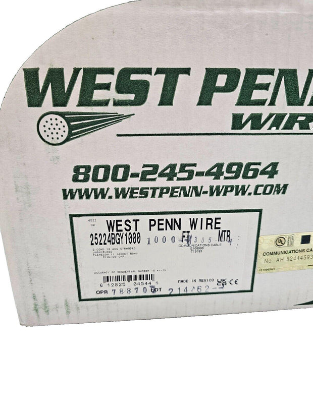 WEST PENN WIRE 25224BGY1000 Multi-Conductor Cable, 1000' Box, 18/2C, STR, Gray*