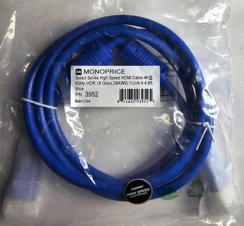 Lot 4 New Premium Monoprice 3952 4k@60Hz, HDR, 18Gbps, 6ft HDMI Cables, Blue