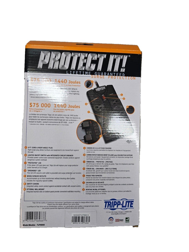 Lot 2 Tripp Lite TLP808B 8 Outlet Surge Protector Power Strip, 8ftRight Angle P