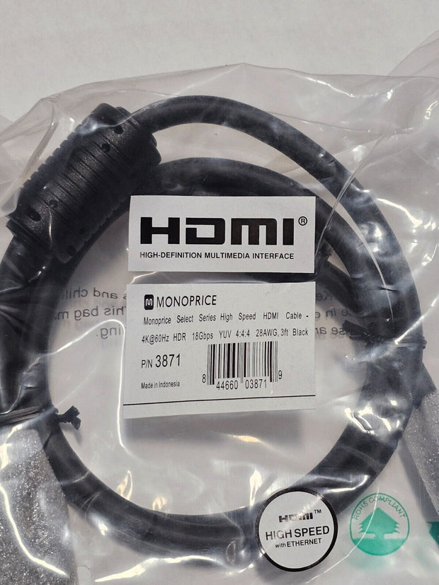 Lot 10 Monoprice 3ft 4k@60Hz HDR 18Gbps HDMI High Speed Cable with Ethernet 3ft