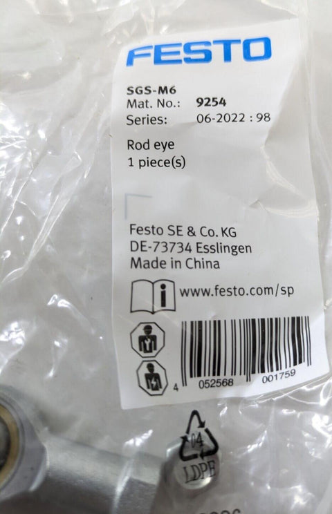 2PCS Festo 9254 SGS-M6 Spherical Cylinder Mounting Rod Eye Joint Bearing, Steel