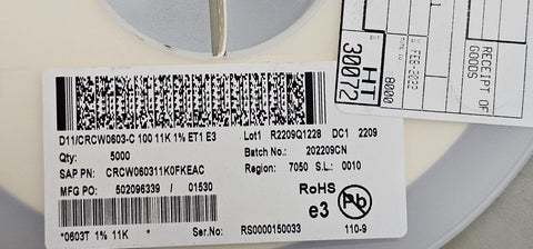 5000PCS Vishay Dale CRCW060311K0FKEAC Thick Film Resistors SMD 0.1W 11kOhm 1%