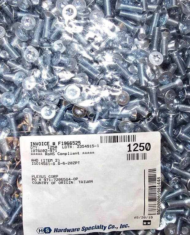 2732PCS 1302619 M6x20mm Torx 90* Flat Head Machine Screws, Zinc Plated ISO14581