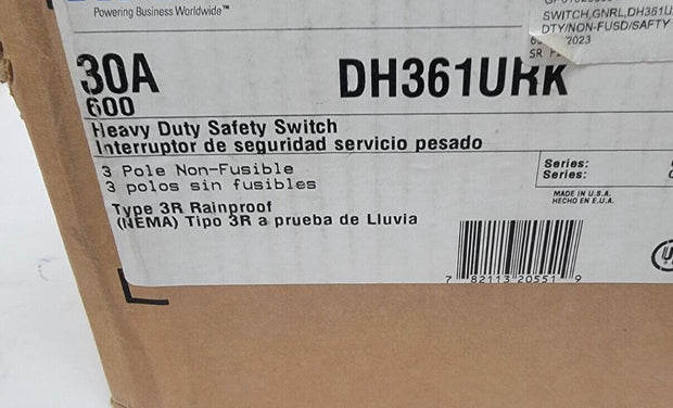 New Eaton DH361URK 3Pole 30 Amp 600VAC, 250VDC Heavy Duty Safety Switch