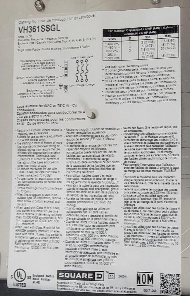 New Square D Schneider VisiPacT VH361SSGL Heavy Duty Safety Switch 30A 600V