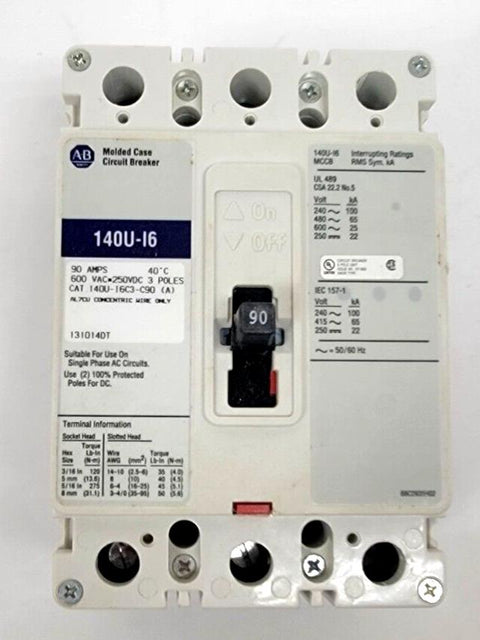 Allen Bradley Molded Case Circuit Breaker 140U-I6 90A 600VAC 3 Pole 140U-1C3-C90