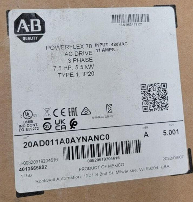 New 2022 Allen-Bradley PowerFlex 70 20AD011A0AYNANC0 AC Drive 7.5HP 480V 11A 3Ph