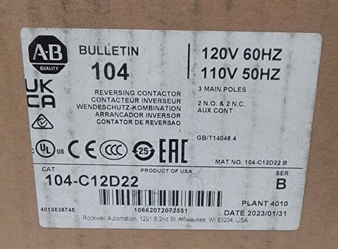 Allen-Bradley Bulletin 104 Reversing Contactor 3 Pole 104-C12D22