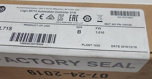 Allen-Bradley Logix 5571S Automation Controller 2/1M 1756-L71S 2019 - New Sealed