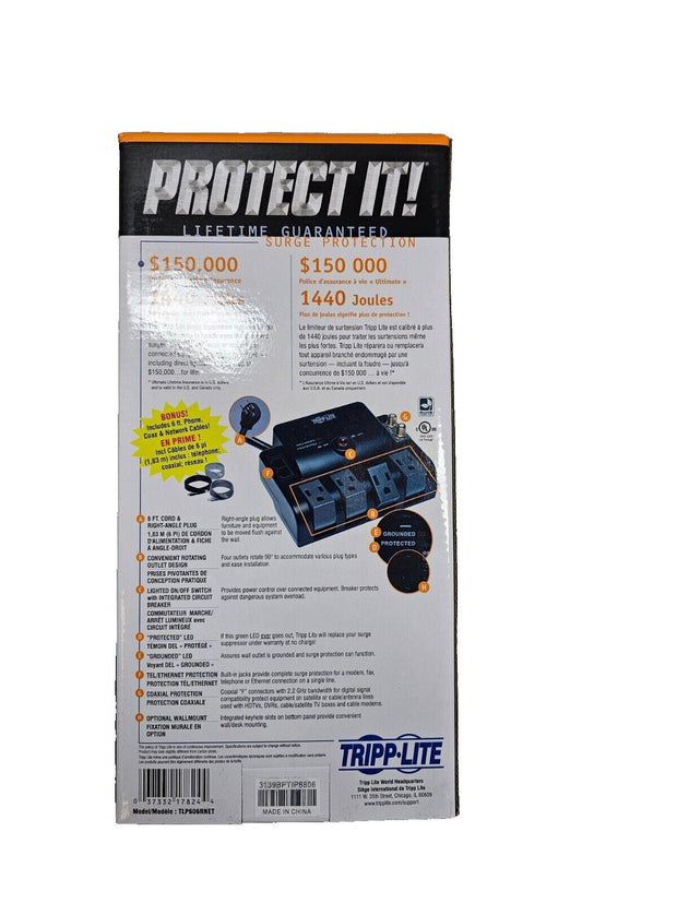 TRIPP LITE TLP606RNET Surge Protector, 6 Outlet 1440 Jule, New!