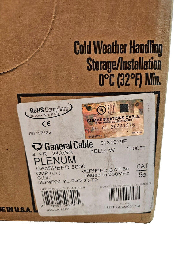 General Cable GenSpeed 5131379E CMP 24 AWG 4-Pair Copper, 1000ft, Yellow, Cat5e