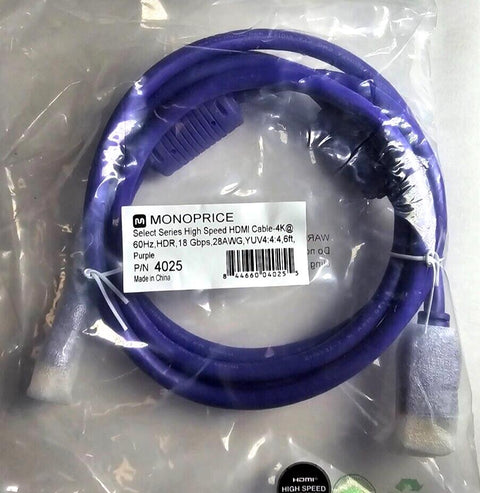 Lot 5 New Premium Monoprice 4025 4k@60Hz, HDR, 18Gbps, 6ft HDMI Cables, Purple