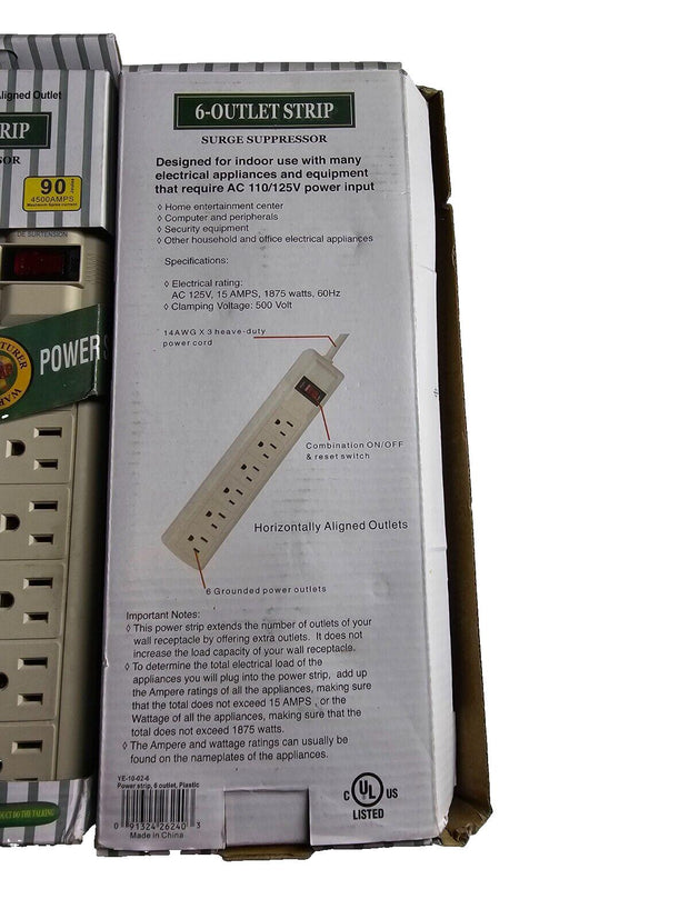 Lot 2 New 6 Outlet Strip Surge Suppressor 120V 6ft, 15Amp, 1875W Heavy Duty