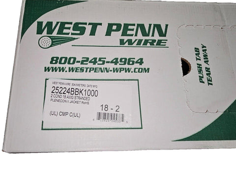 WEST PENN WIRE 25224BBK1000 Multi-Conductor Cable, 1000' Box, 18/2C, STR, Black*