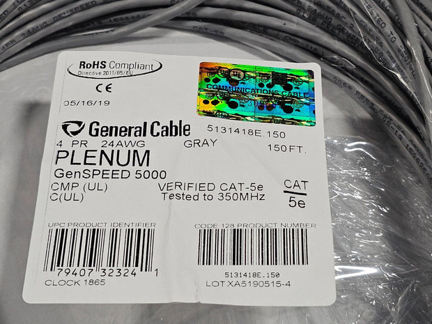 1500ft GENERAL CABLE Plenum Cat5e GenSPEED 5000 5131418E 350Mhz Gray, CMP