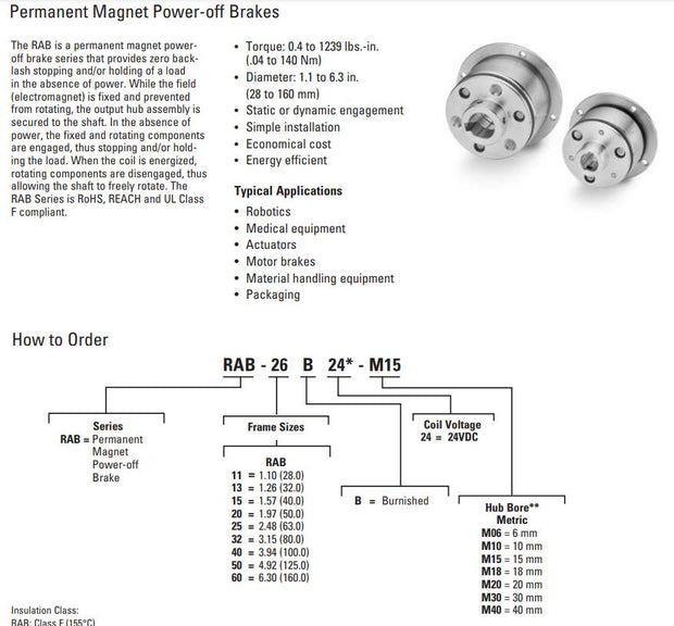 New Thomson Linear RAB-32B24-M20 24V Permanent Magnet Clutch Brake w/ Long Hub