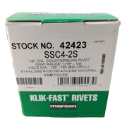 200 PCS Marson Klik-Fast SSC4-2S 1/8"  Countersunk, Open End Blind Rivets