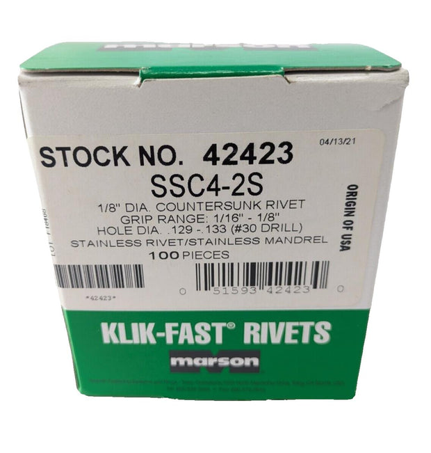 200 PCS Marson Klik-Fast SSC4-2S 1/8"  Countersunk, Open End Blind Rivets