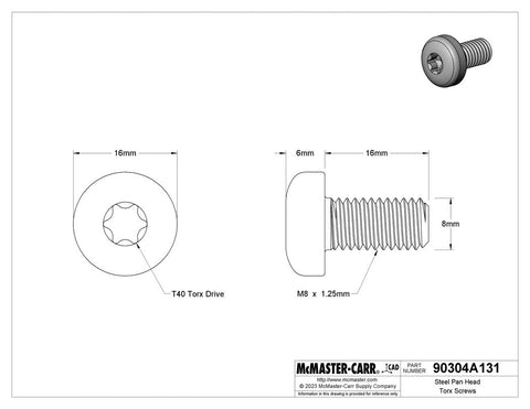 400PC McMaster Steel Pan Head Torx Screws Zinc Plated M8x16MM 1.25mm Pitch, ISO