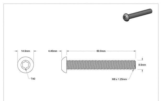 50PCS McMaster Zinc-Plated Steel Button Head T40 Torx Screws M8x60, ISO 7380