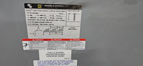 Square D 45T3HNV Transformer, Dry, 3-Phase, 45kVA 480V-208Y/120V, IP55, New