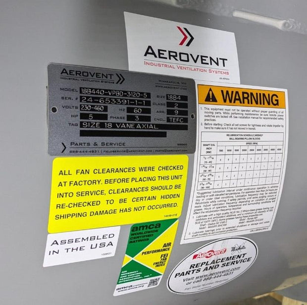 New Aerovent 18B440-VPBD-3120-5 Type P Vaneaxial Belt Driven Fan 5HP 3PH TEFC