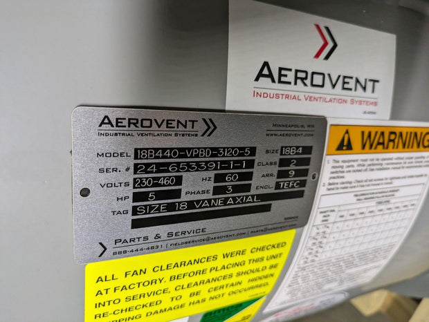 New Aerovent 18B440-VPBD-3120-5 Type P Vaneaxial Belt Driven Fan 5HP 3PH TEFC