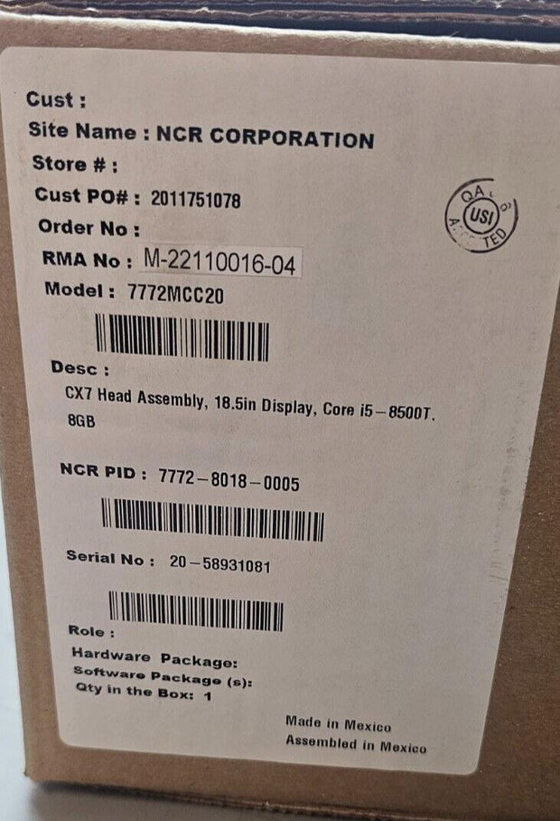 NCR 7772-8018-0005 POS CX7 Display Assembly, 18.5", I5-8500T / 8GB, No SSD