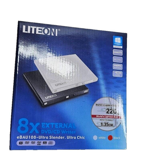 New LITE-ON 8x External USB DVD/CD Writer Drive Black eBAU108 Ultra Slender