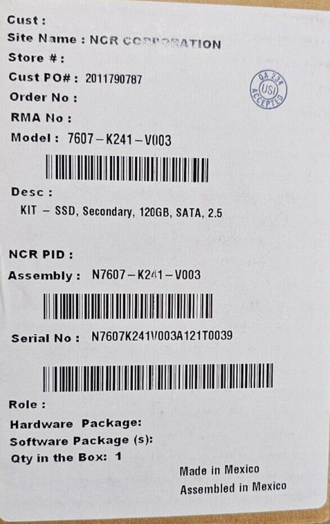 NCR POS XR8 (7607) Secondary SSD Upgrade Kit - Caddy, Adapter, Cables, Screws