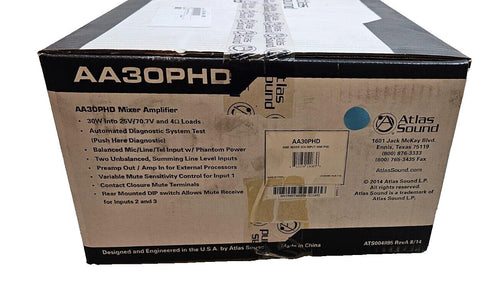 NIB Atlas Sound AA30PHD 3-Ch 30W Mixer Amplifier 25V/70.7V Variable Controls