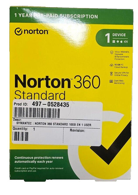 Norton 360 Standard Antivirus, Security, VPN, 1 Device, 1 Year, Sealed Key Card