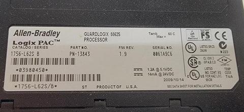 Allen-Bradley Logix PAC Guardlogix 5562S Processor 1756-L62S Series B 2010