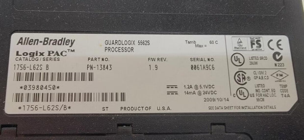 Allen-Bradley Logix PAC Guardlogix 5562S Processor 1756-L62S Series B 2010