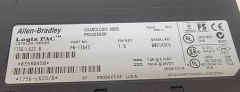 Allen-Bradley Logix PAC Guardlogix 5562S Processor 1756-L62S Series B 2010