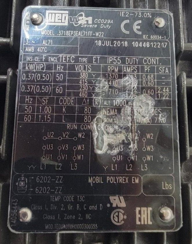 WEG .3718EP3EAL71FF-W22 .37kW 1800 3 60/50 230/460V Motor Assembly