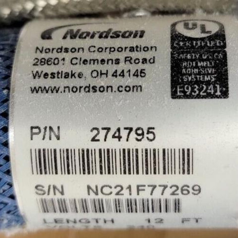 Nordson 274795 Hot Melt Adhesive Hose 5/16" ID, 12' Long, 240V