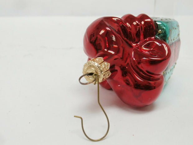 Red & Green Christmas Present Miniature Blown Glass Ornament, 3.5" Tall