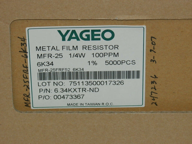 YAGEO 6.34KXTR-ND 1/4W Metal Film Resistor Box of 5000 MFR-25FRF52-6K34
