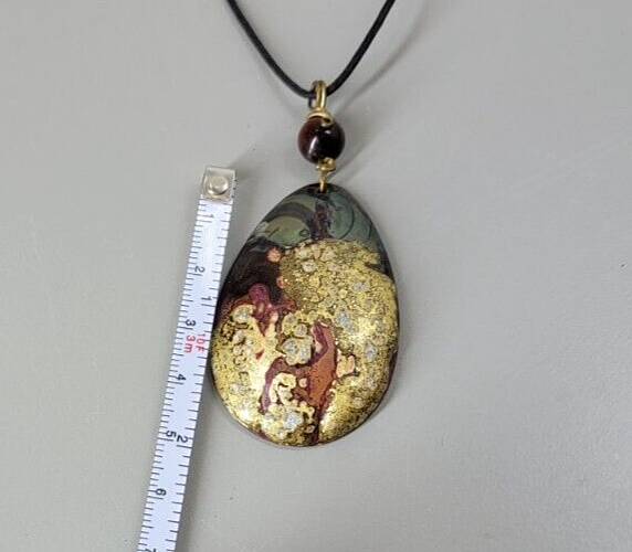 Vintage Pendant Necklace, Handmade, Metal Dew Drop, Painted, Gold Flakes, Large