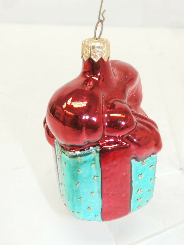 Red & Green Christmas Present Miniature Blown Glass Ornament, 3.5" Tall